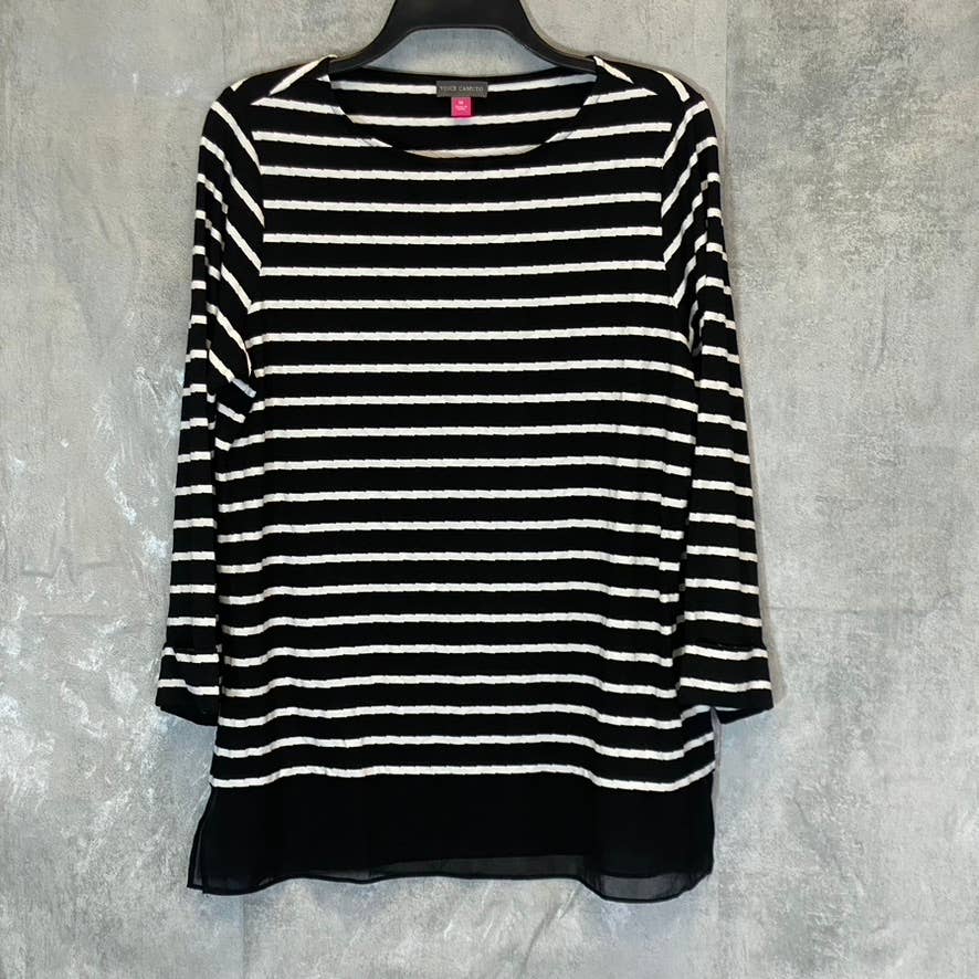VINCE CAMUTO Women's Rich Black Striped 3/4 Sleeve Boatneck Sheer Hem Top SZ M