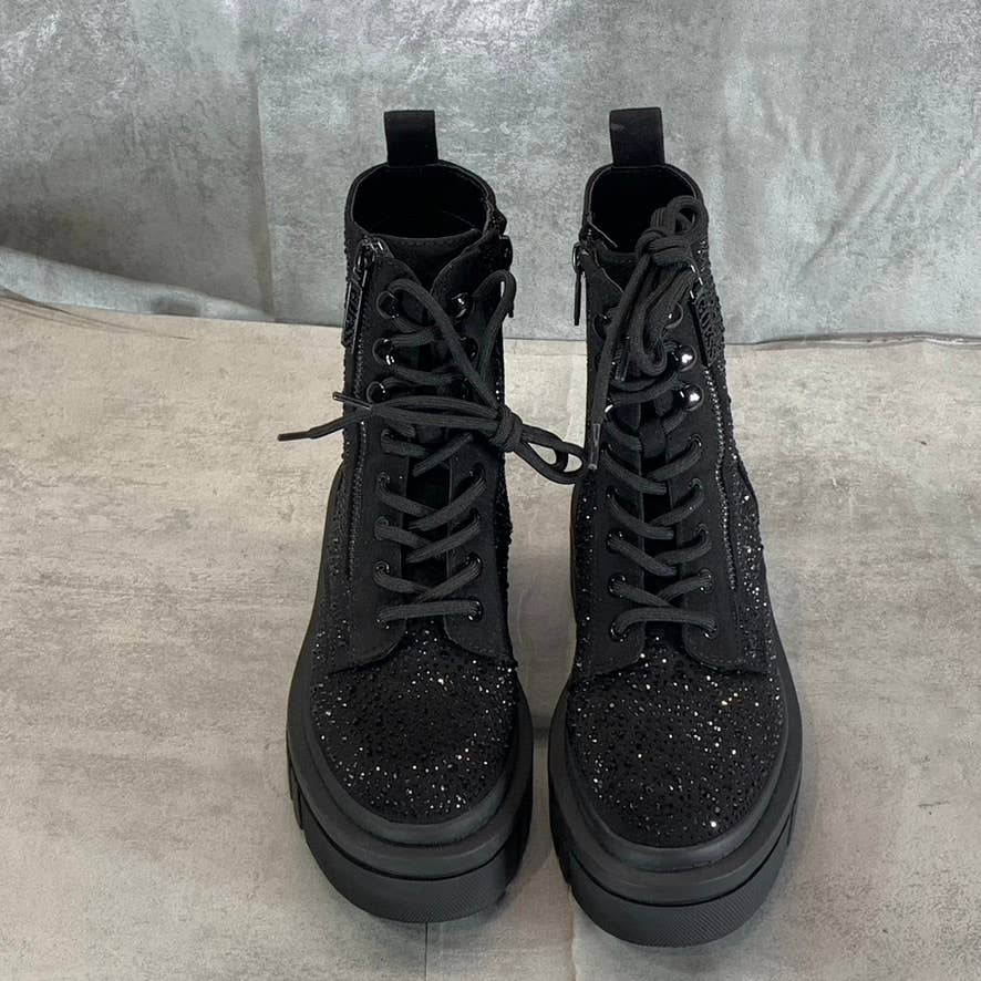 GUESS Women's Black Rhinestone Embellished Ferine Combat Lace-Up Boots SZ 5.5