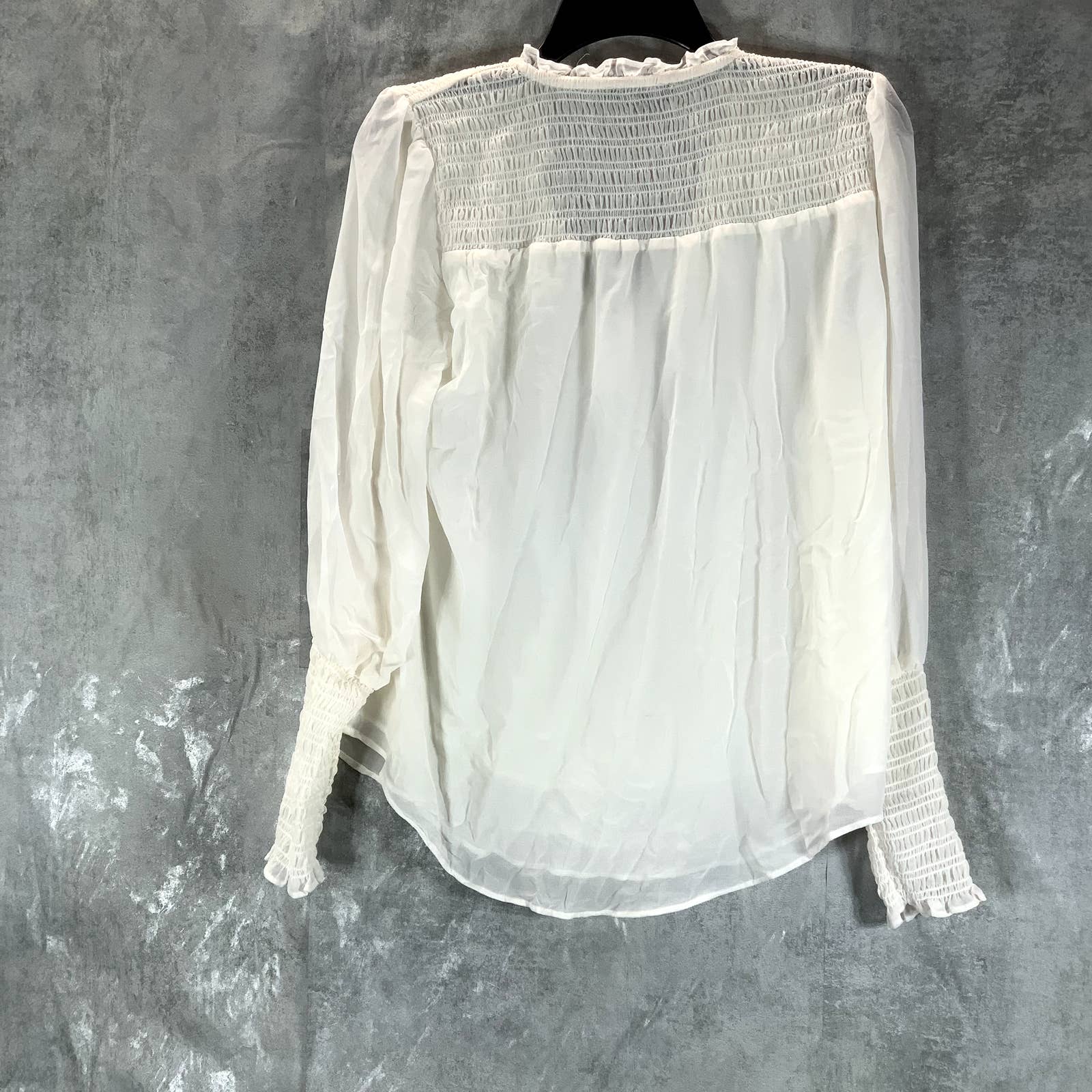 1.STATE Women's Soft Ecru Sheer Smocked Tie V-Neck Long-Sleeve Top SZ S