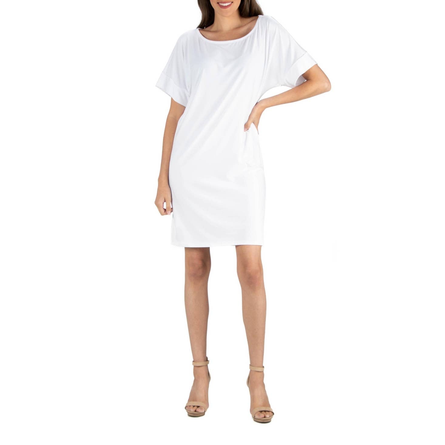 24SEVEN COMFORT APPAREL Women's White Scoop-Neck Loose-Fit Dolman Sleeve Dress