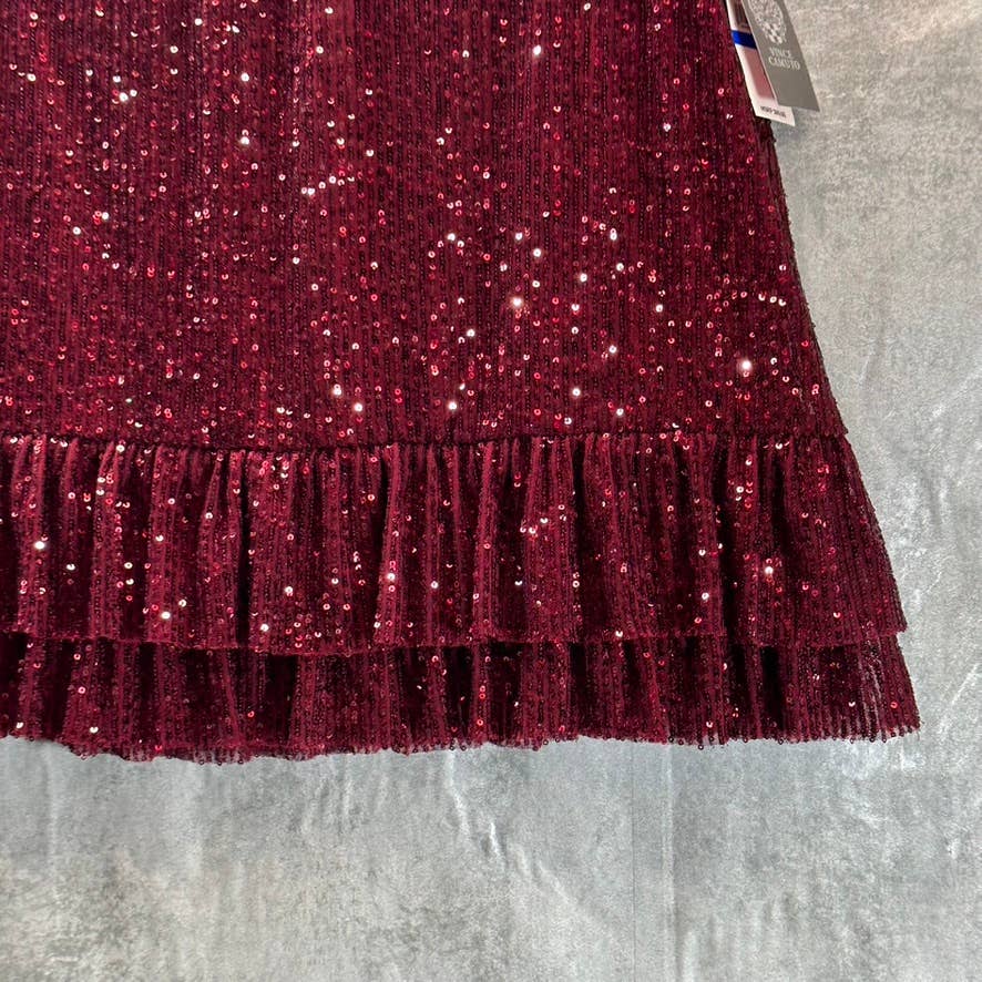VINCE CAMUTO Women's Dark Wine Ruffled Sequin Embellished Mini Skirt SZ XL