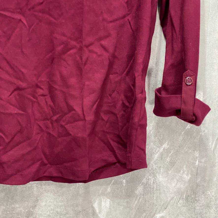 KAREN SCOTT Merlot Cotton 3/4 Roll-Tab-Sleeve Collar Top SZ M