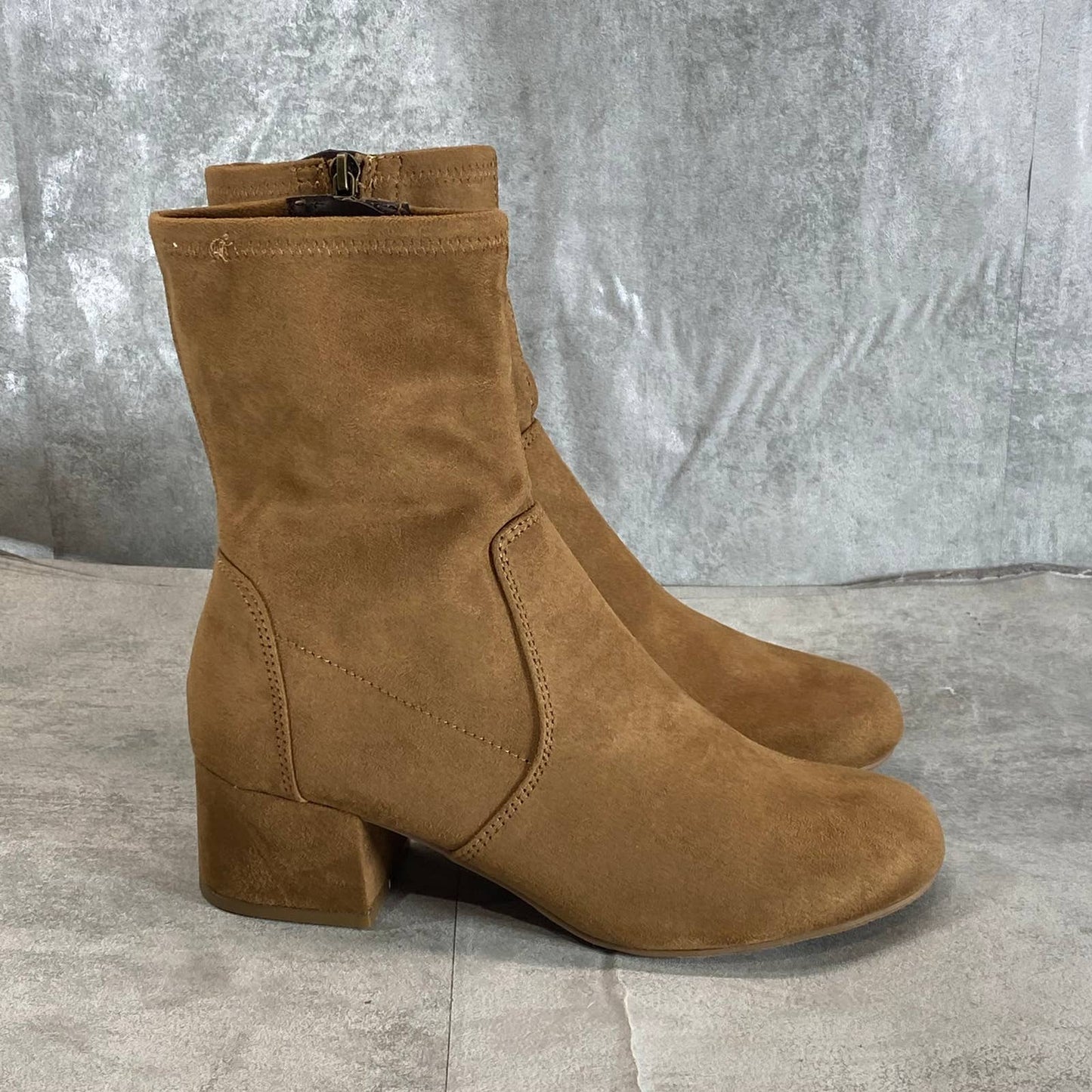 REACTION KENNETH COLE Women's Cognac Road Stretch Block-Heel Dress Booties SZ 7