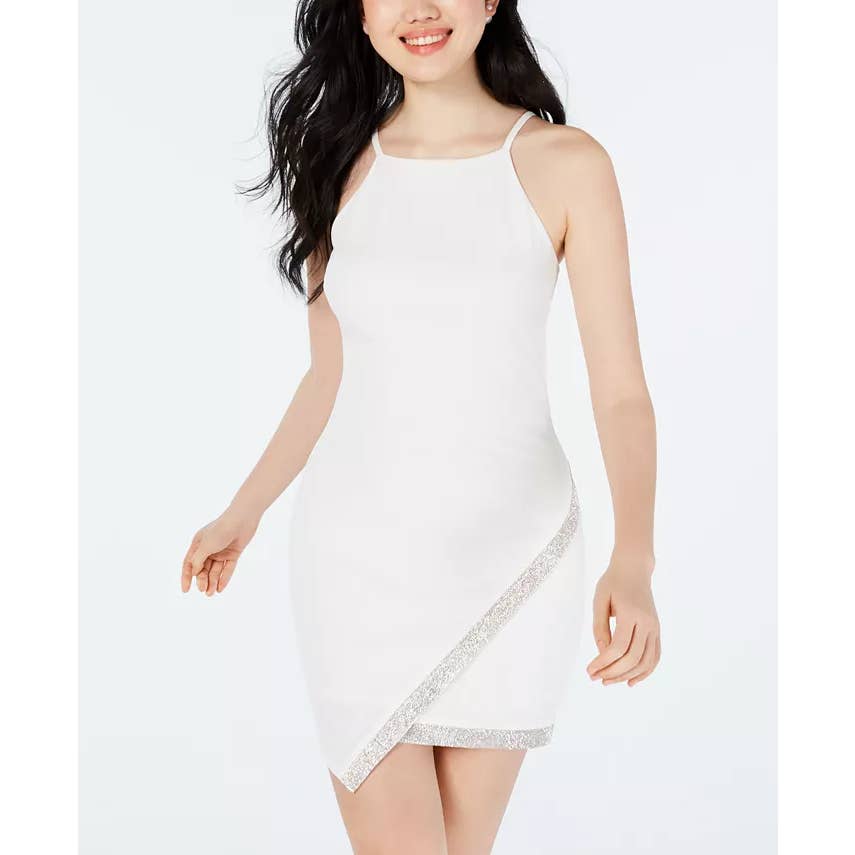 BCX DRESSES Juniors' Off-White Halter Asymmetrical Rhinestone Hem Dress SZ L
