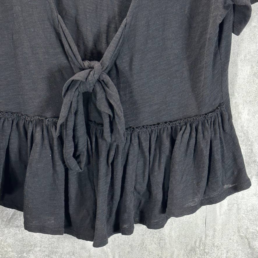 INC INTERNATIONAL CONCEPTS Women's Deep Black Crewneck Tie-Back Ruffled Top SZ M