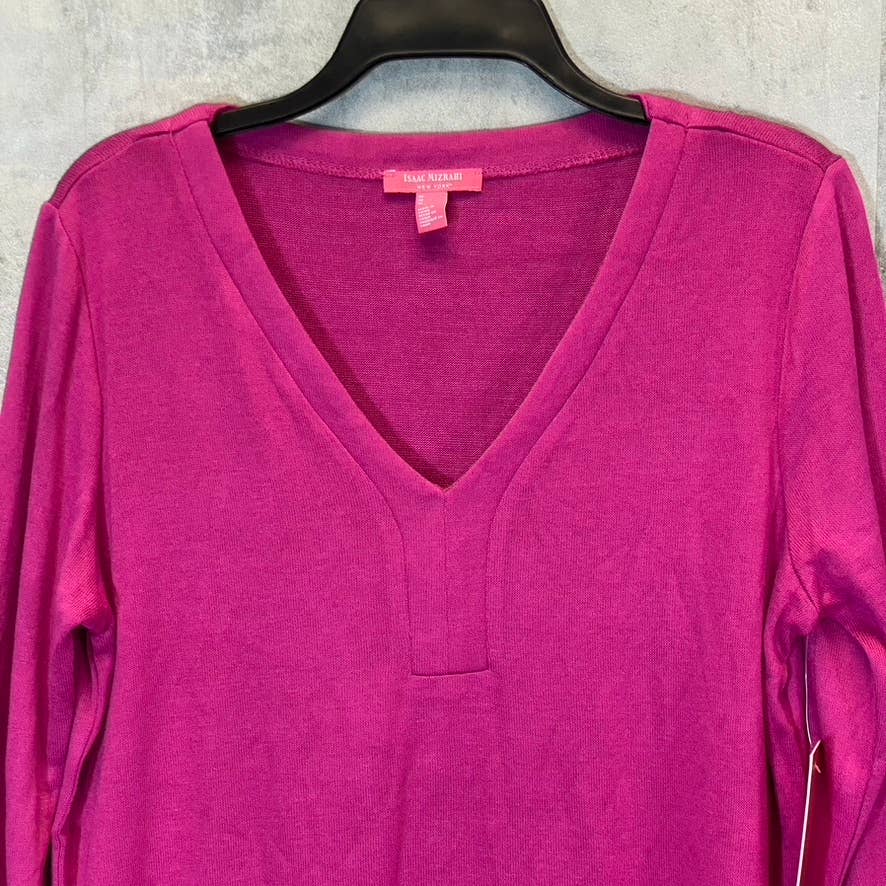 ISAAC MIZRAHI Women's Fuchsia Red Pima Cotton V-Neck 3/4 Sleeve Tunic Top SZ M
