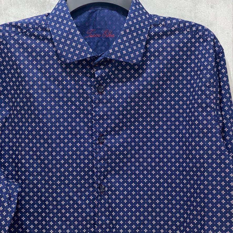 TASSO ELBA Navy Stretch Medallion Print Long Sleeve Dress Shirt SZ L