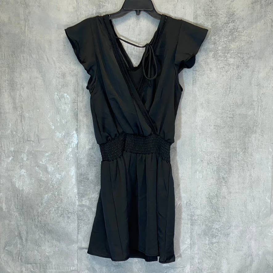 LUNA CHIX Women's Solid Black Flutter Sleeve Double V-Neck Smocked Waist Mini Dress SZ L