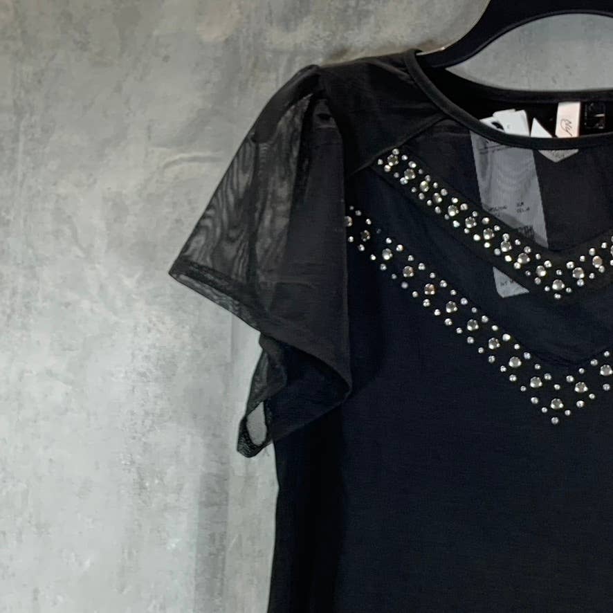 NY COLLECTION Women's Black Mesh Studded Embellished Flutter Sleeve Top SZ M