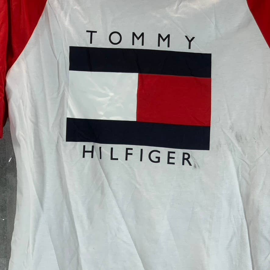 TOMMY HILFIGER Women's White-Scarlet Crewneck Raglan-Sleeve Graphic Top SZ S