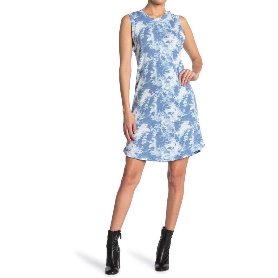 BOBEAU Women's Blue Tie-Dye Ribbed Knit Sleeveless Crewneck Mini Dress SZ M