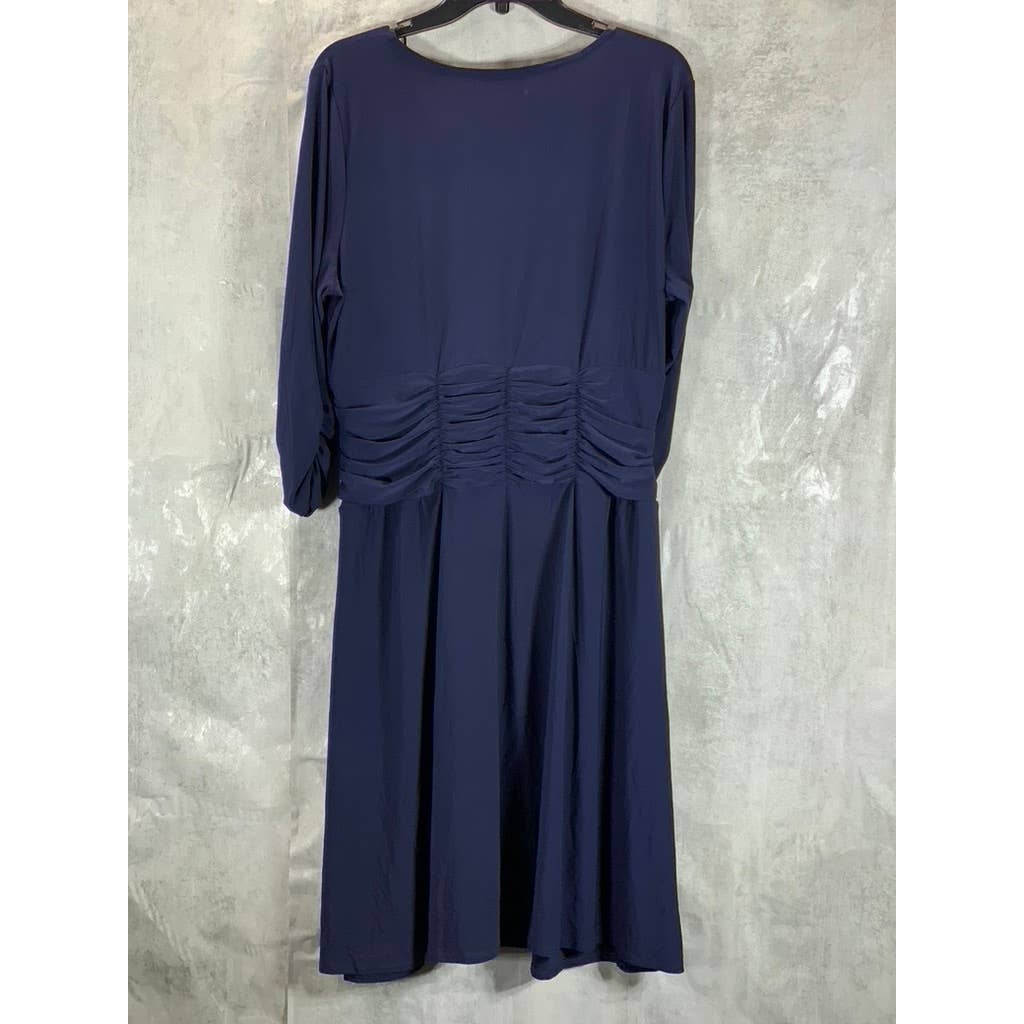 NY COLLECTION Women's Plus Navy Ruched 3/4 Sleeve A-Line Knee-Length Dress SZ1X