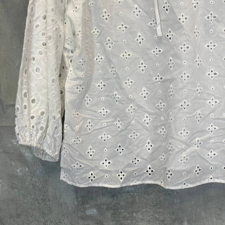 STATUS BY CHENAULT Women's White Eyelet Round Neck 3/4 Puff Sleeve Top SZ M