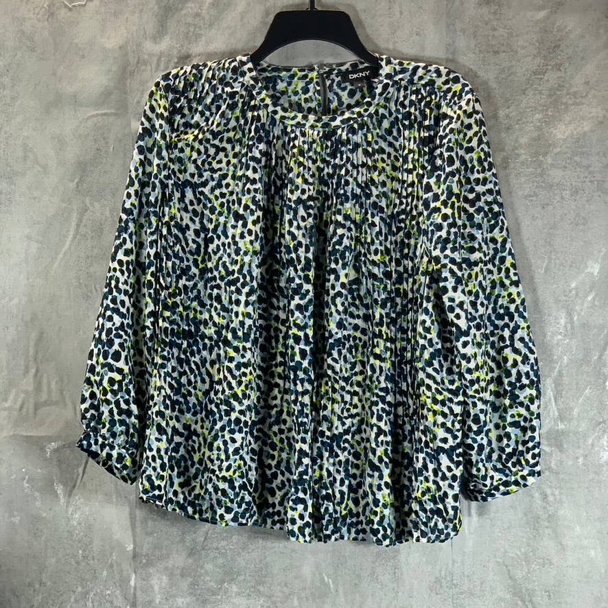 DKNY Women's Blue Animal-Printed Pleated Crewneck 3/4 Sleeve Top SZ M