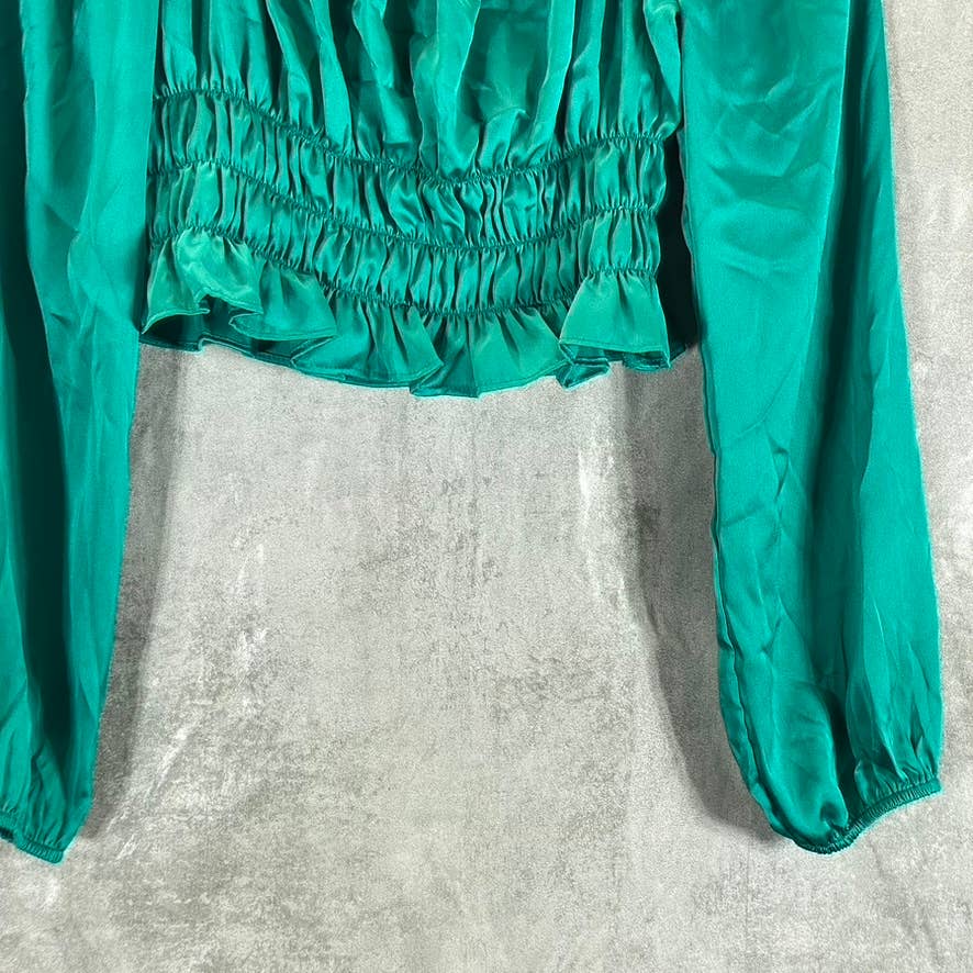 BAR III Women's Mid Green Satin Square-Neck Smocked Puff-Sleeve Top SZ XS
