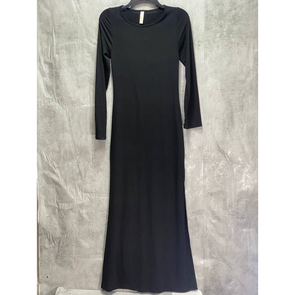 24SEVEN COMFORT APPAREL Solid Black Form Fitting Long Sleeve Side Slit Maxi Dress SZ S