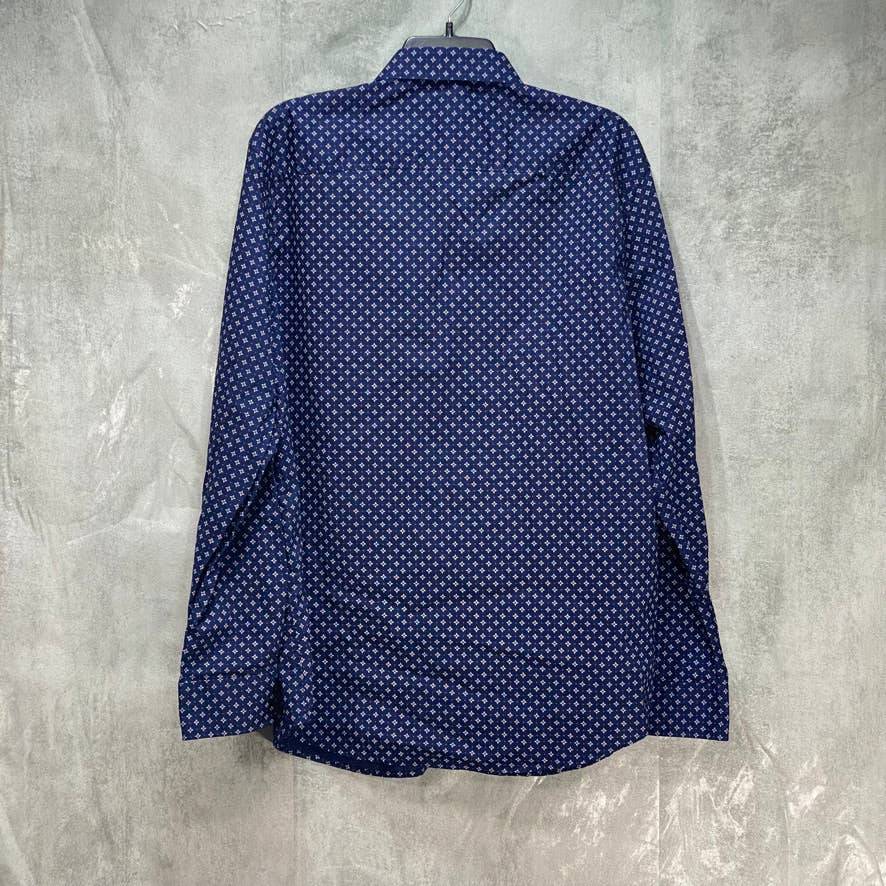 TASSO ELBA Navy Stretch Medallion Print Long Sleeve Dress Shirt SZ L