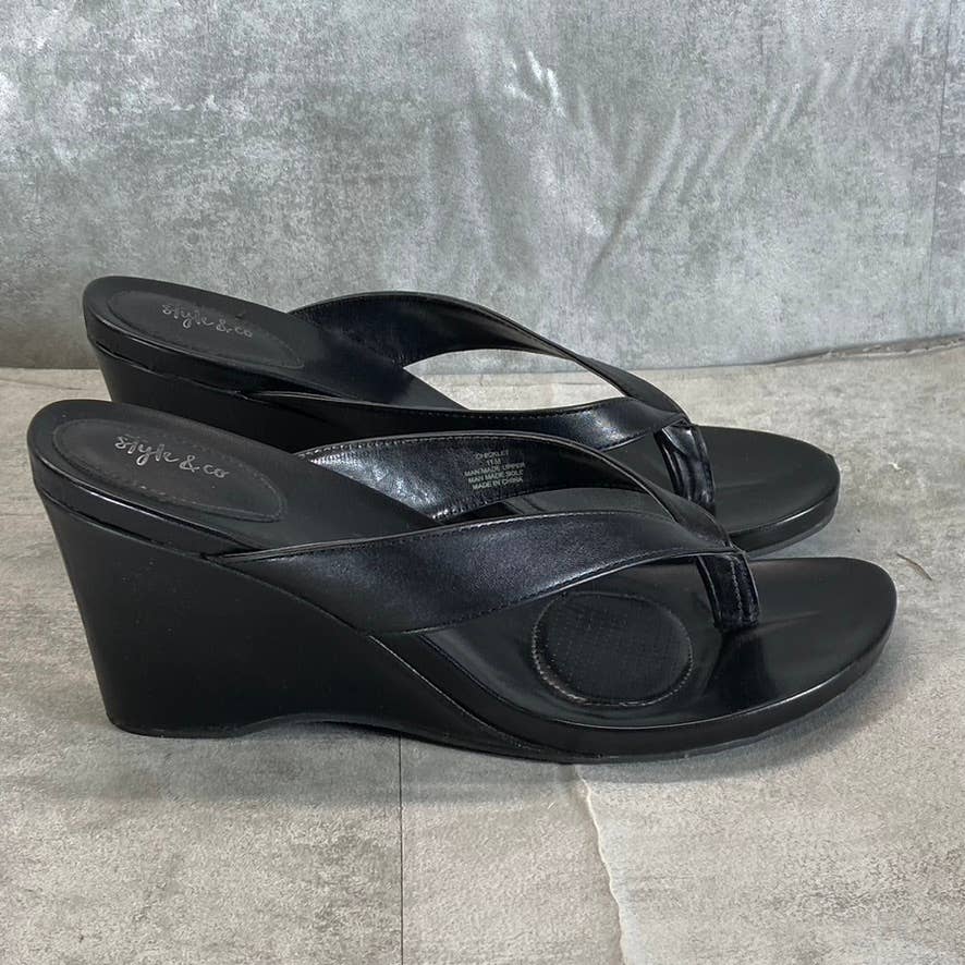 STYLE & CO Women's Black Chicklet Wedge Thong Round-Toe Platform Sandals SZ 11