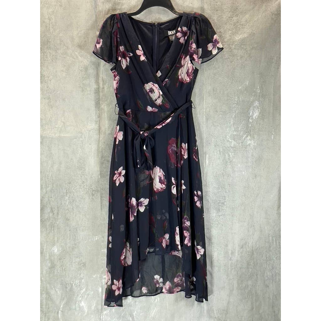 DKNY Women's Midnight Navy Flutter-Sleeve V-Neck Hi-Low Wrap Midi Dress SZ 4