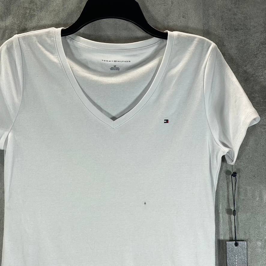TOMMY HILFIGER Women's Classic White V-Neck Flag Logo Short-Sleeve Tee SZ S