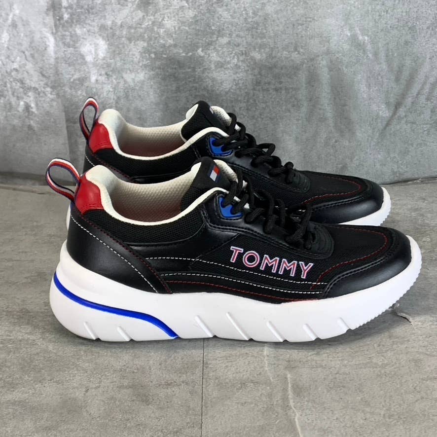 TOMMY HILFIGER Women's Black Faux-Leather Fazi Lace-Up Jogger Sneakers SZ 5