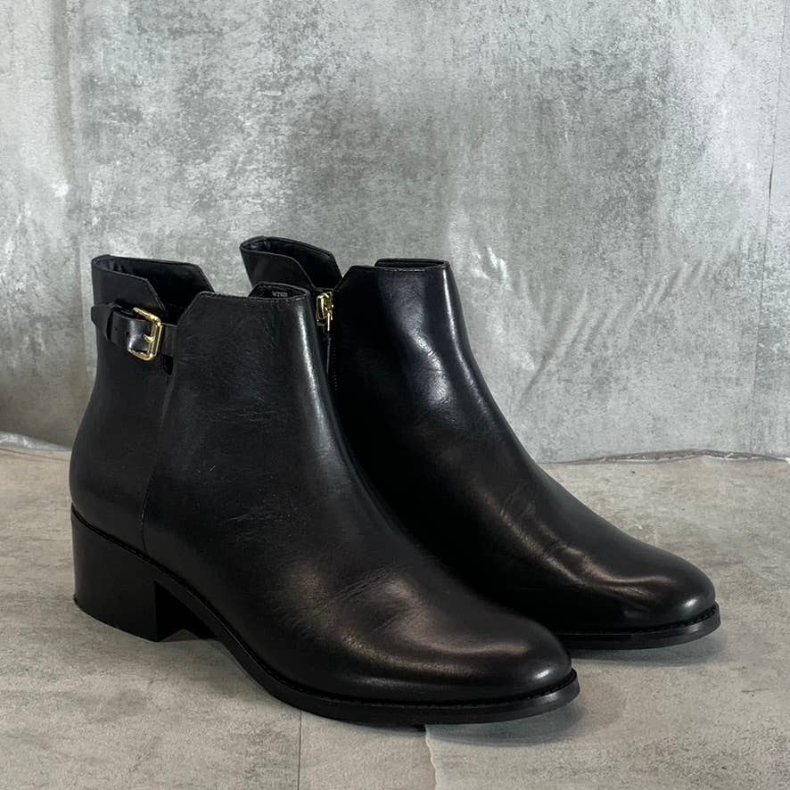 COLE HAAN Women's Black Leather Haidyn Block-Heel V-Cut Buckle Ankle Boots SZ 10