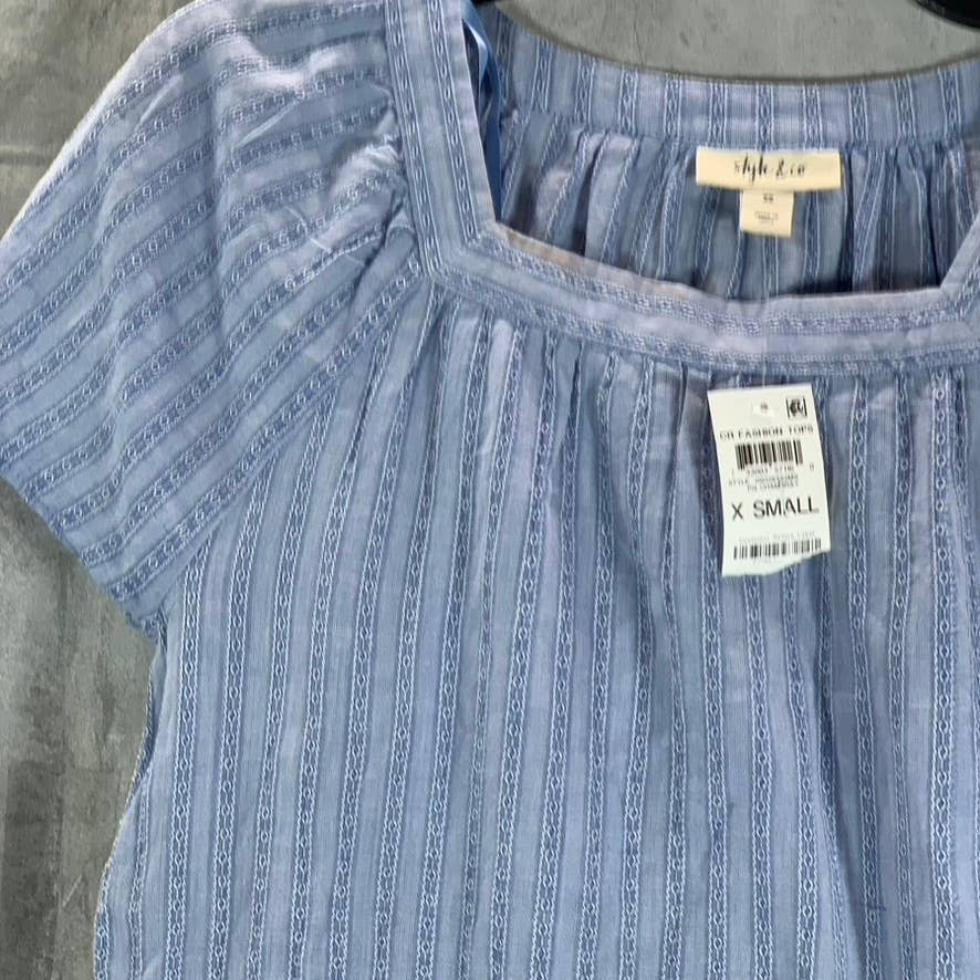 STYLE & CO Women's Pg Chambray Square-Neck Short-Sleeve Pointelle Top SZ XS