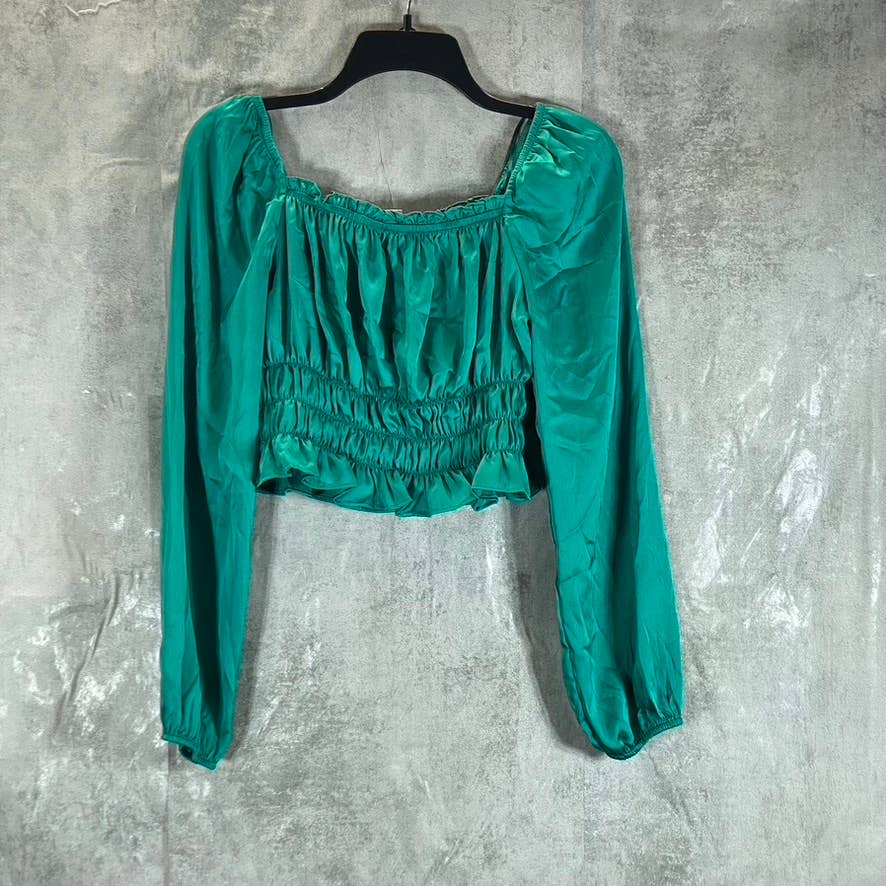 BAR III Women's Mid Green Satin Square-Neck Smocked Puff-Sleeve Top SZ XS