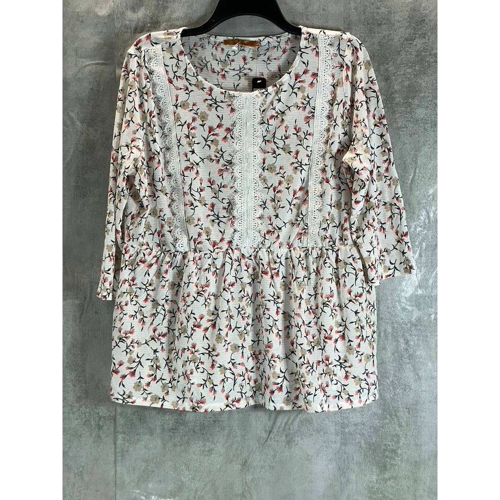BELLDINI Copper Label Women's White Multi Floral 3/4 Sleeve Peplum Top SZ XL