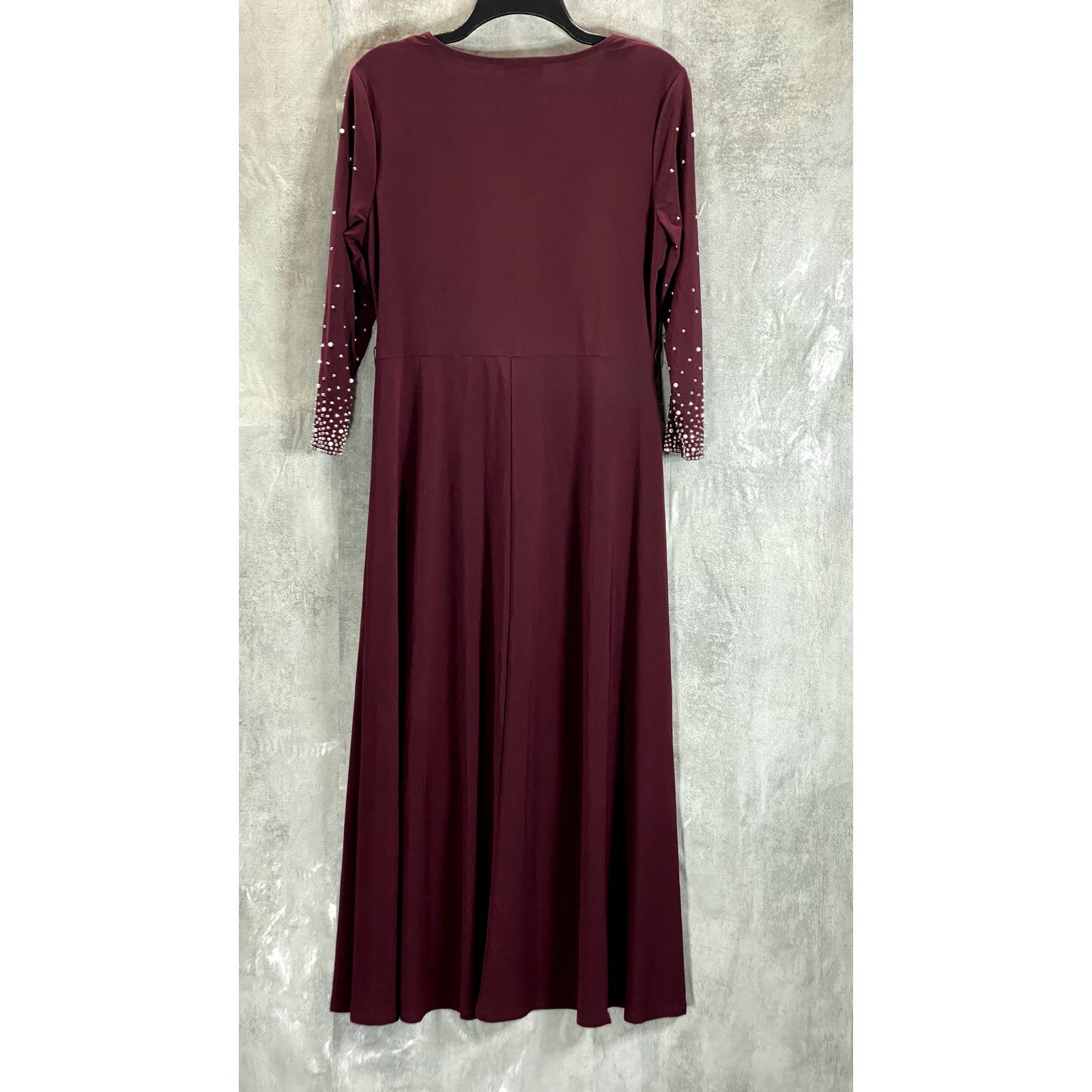 MSK Women's Burgundy V-Neck Rhinestone Embellished 3/4 Sleeve Midi Dress SZ M