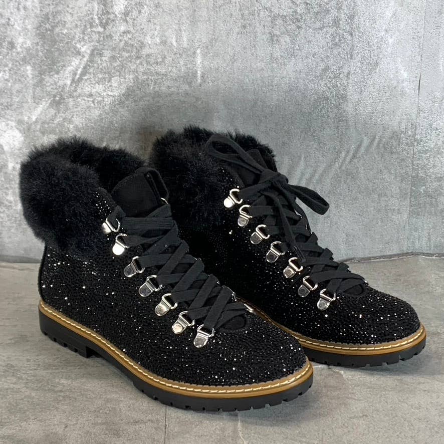 INC INTERNATIONAL Women's Black Pravale Bling Faux-Fur Lace-Up Hiker Boots SZ 8