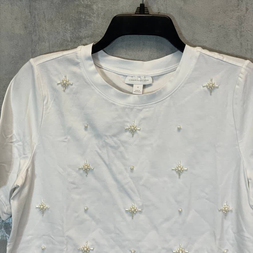 CHARTER CLUB Women's Bright White Bead-Embellished Crewneck Short Sleeve Top SZ S
