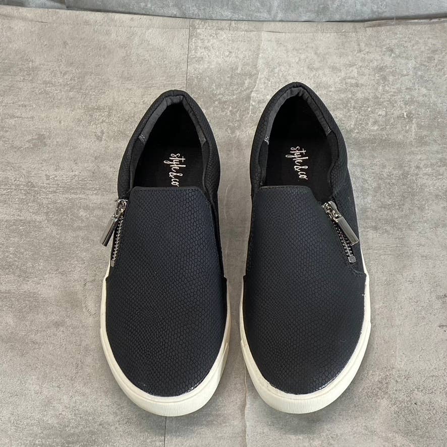 STYLE & CO Women's Black Textured Moira Zip Round-Toe Slip-On Sneakers SZ 6.5