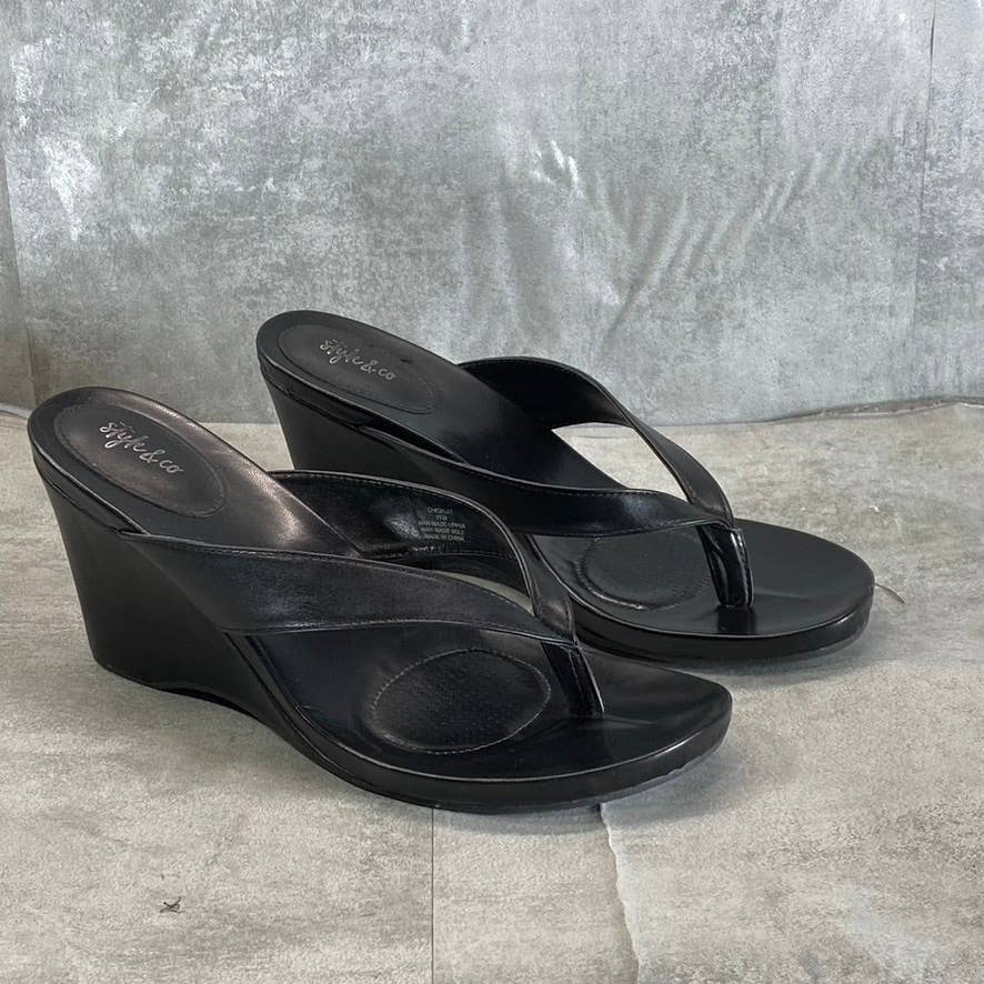STYLE & CO Women's Black Chicklet Wedge Thong Round-Toe Platform Sandals SZ 11