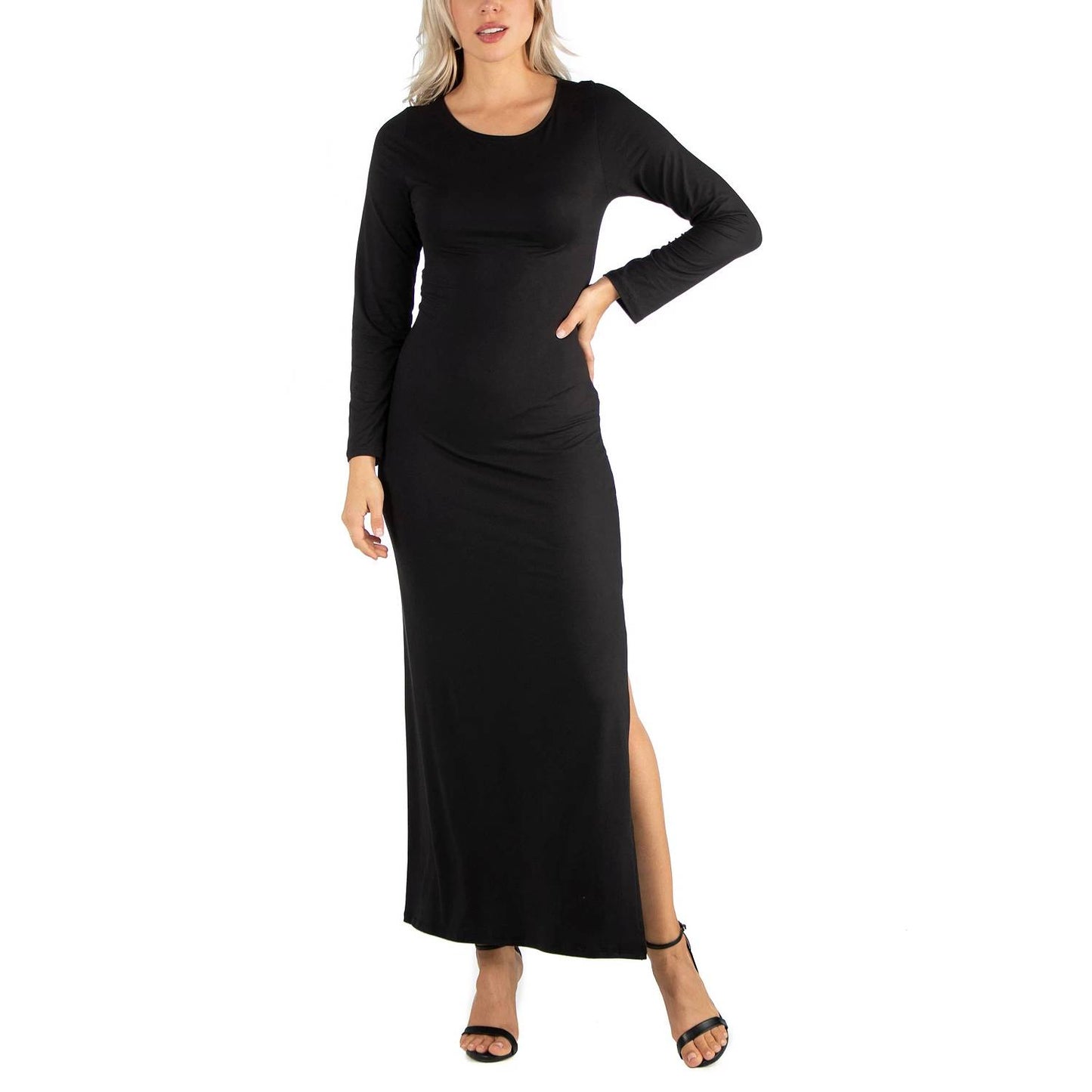 24SEVEN COMFORT APPAREL Solid Black Form Fitting Long Sleeve Side Slit Maxi Dress SZ S