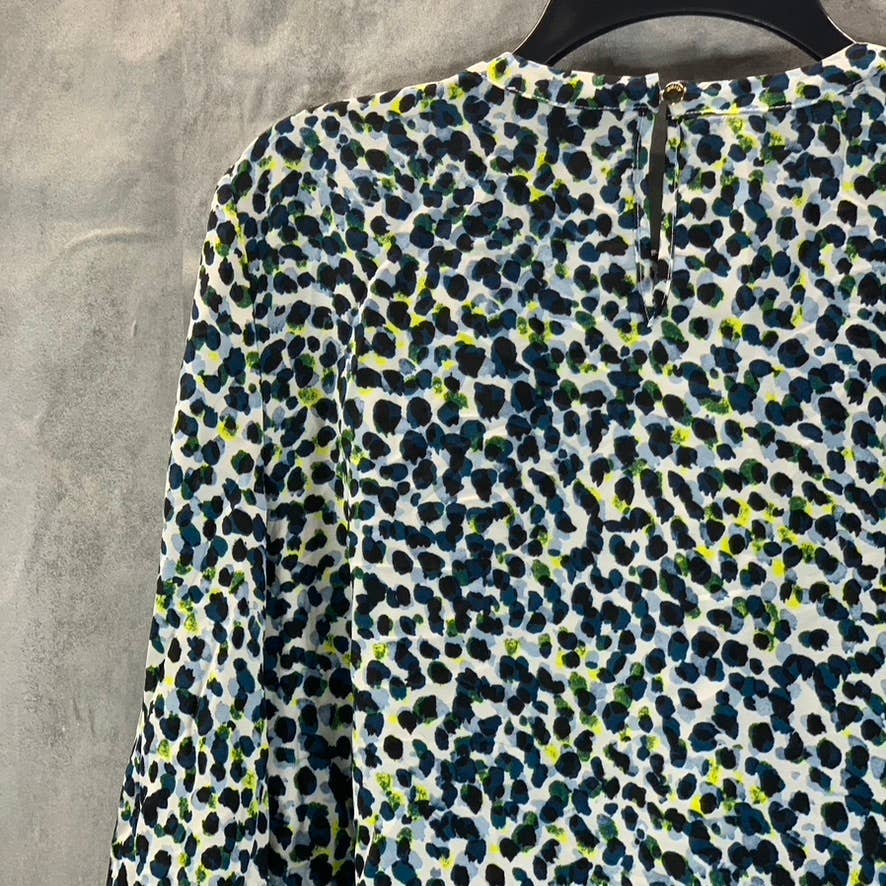 DKNY Women's Blue Animal-Printed Pleated Crewneck 3/4 Sleeve Top SZ M