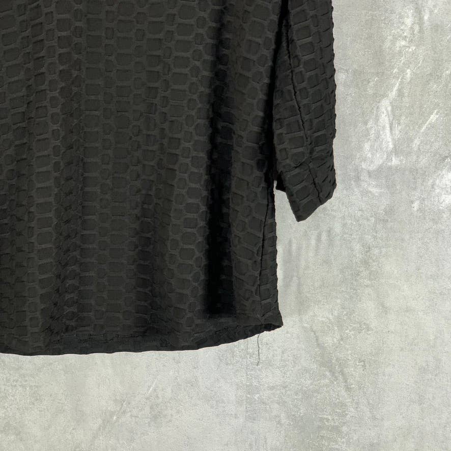 NY COLLECTION Women's Black Honeycomb Half-Zip 3/4 Sleeve Dolphin Hem Top SZ L