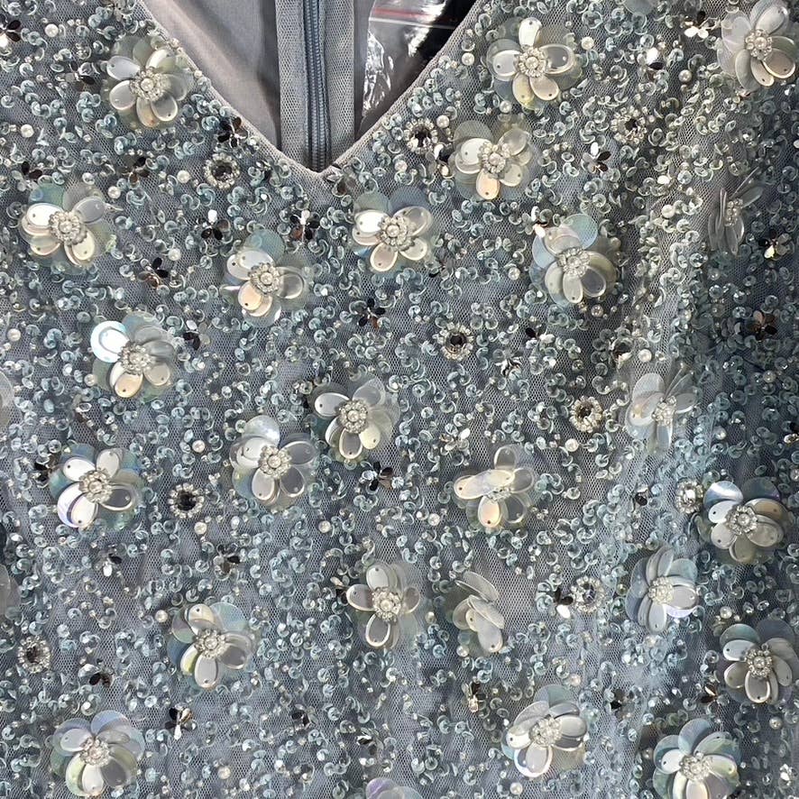ADRIANNA PAPELL Women's Glacier Sequin Beaded V-Neck Flutter-Sleeve Dress SZ8