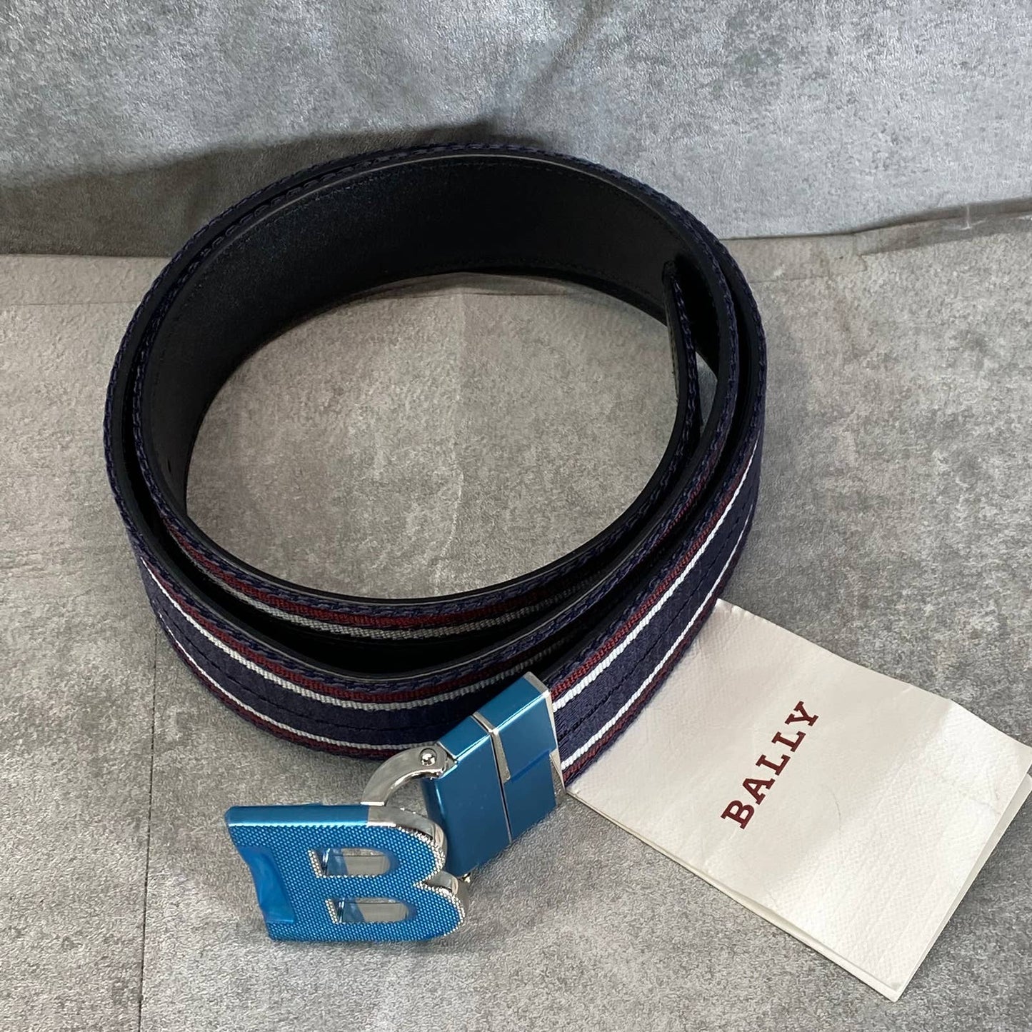 BALLY Men's Navy Striped Silver-Tone B-Buckle Fabric Belt SZ 85(XS)