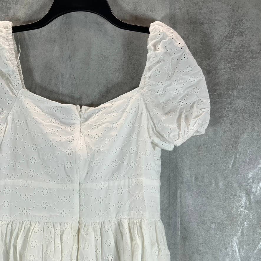 BAR III Women's Bright White Sweetheart Tie-Neck Eyelet Puff-Sleeve Dress SZ 6