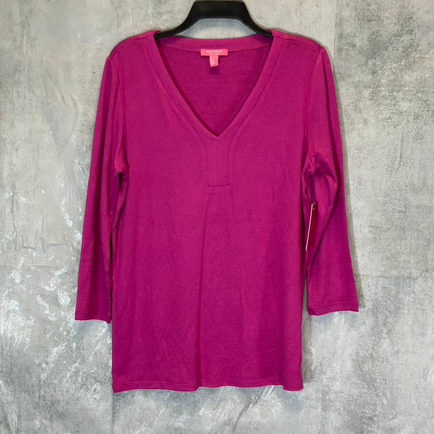 ISAAC MIZRAHI Women's Fuchsia Red Pima Cotton V-Neck 3/4 Sleeve Tunic Top SZ M