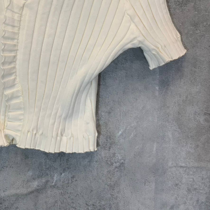 ENDLESS ROSE Women's White Ruffle Knit V-Neck Short Sleeve Crop Top SZ M