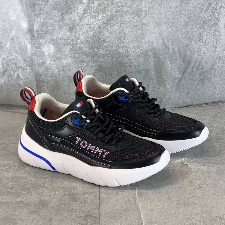 TOMMY HILFIGER Women's Black Faux-Leather Fazi Lace-Up Jogger Sneakers SZ 5