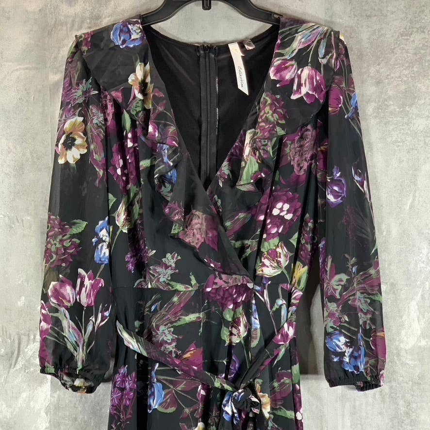 NY COLLECTION Women's Black-Plum Floral 3/4 Sleeve Tie-Waist Ruffle Dress SZ M
