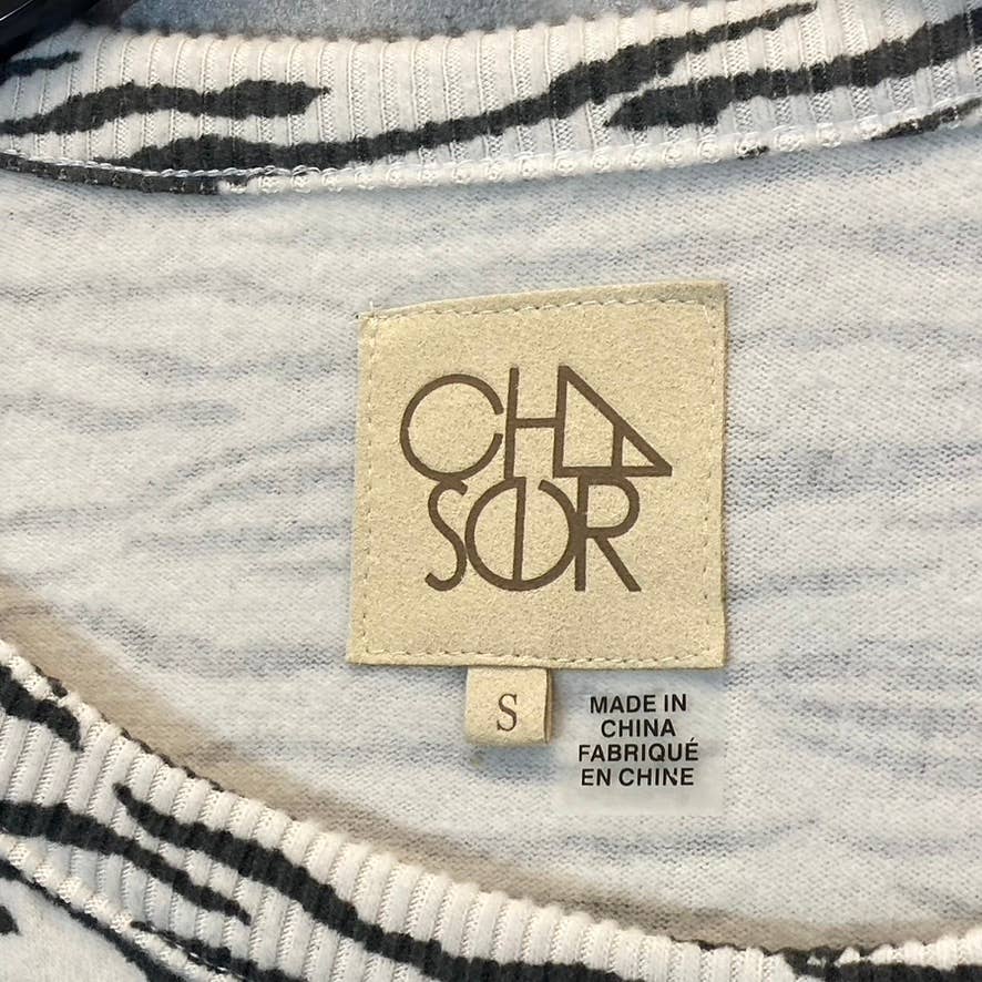 CHASER Women's Black-White Zebra Print Shirred Long Sleeve Crewneck Sweatshirt SZ S