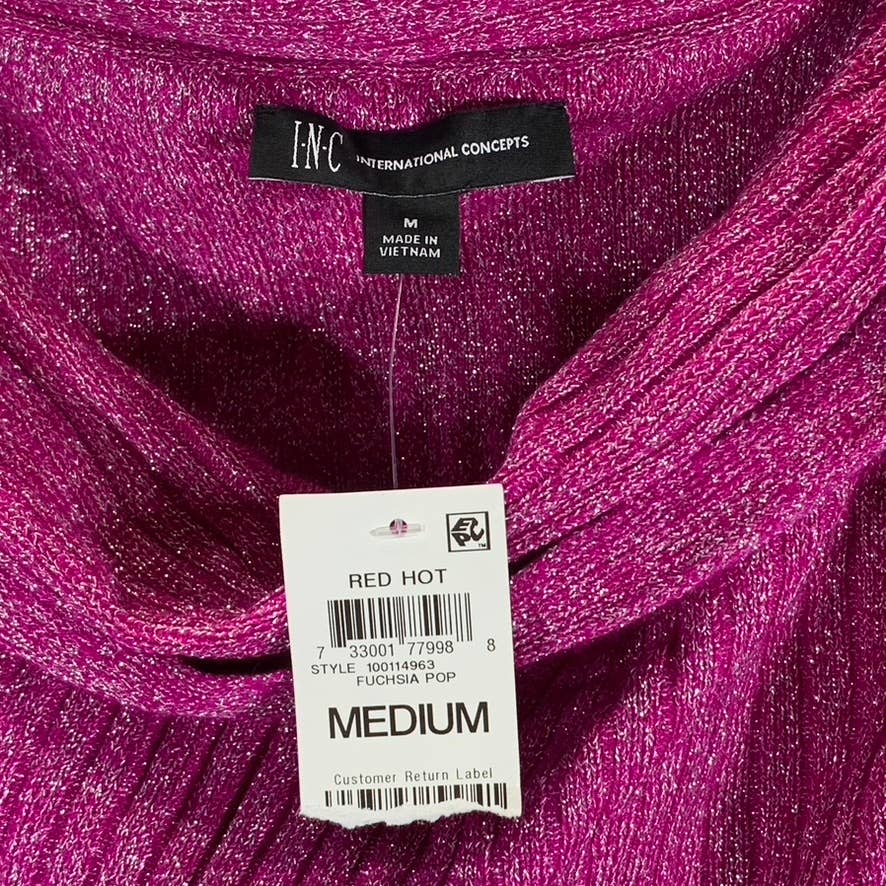 INC Women's Fuchsia Pop Metallic Ribbed Off-The-Shoulder Sweater SZ M