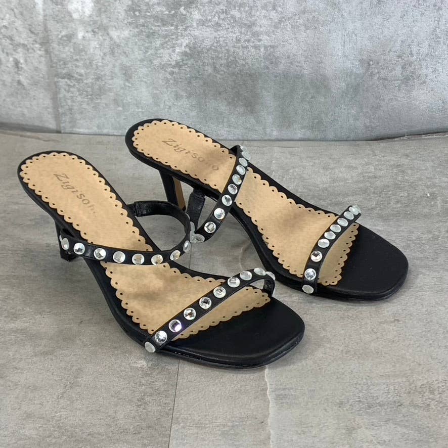 ZIGI SOHO Women's Black Lucy 2-Strap Rhinestone Square-Toe Sandals SZ 7.5