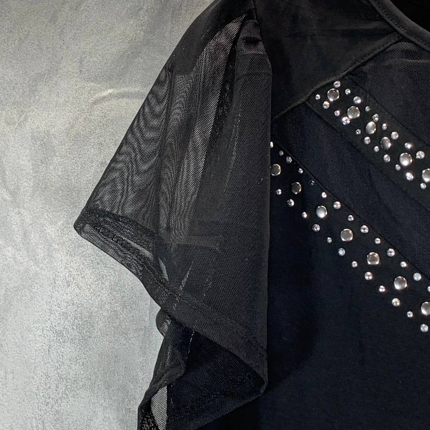 NY COLLECTION Women's Black Mesh Studded Embellished Flutter Sleeve Top SZ M