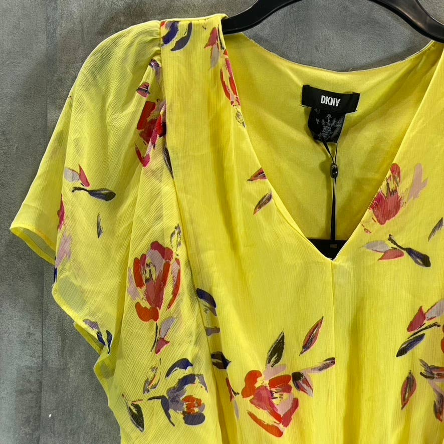 DKNY Women's Yellow Floral Smocked Flutter Short-Sleeve Hi-Low Hem Midi Dress