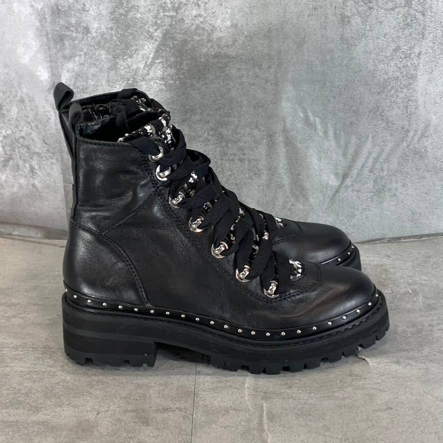 STEVE MADDEN Women's Black Leather Rainier Lace-Up Woven Lug-Sole Boots SZ 6.5